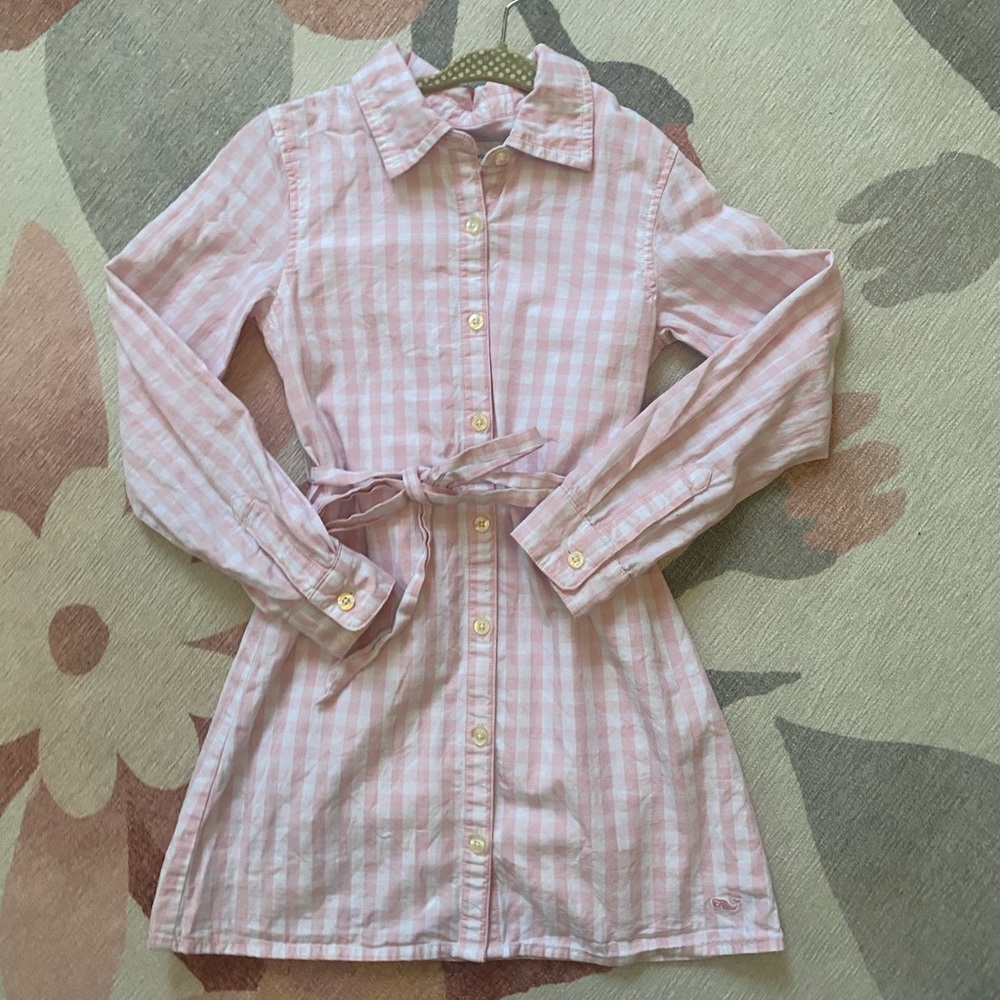 Girls’ Vineyard Vines 5t Pink White Check Belted Shirt Dress GUC